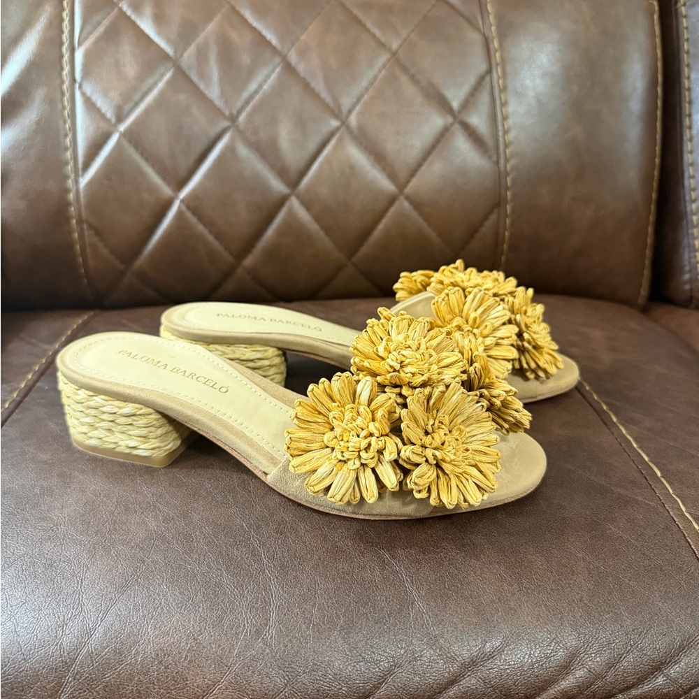 Paloma Barcelo Yellow Raffia Floral Block Heel Mules - Picture 5 of 10